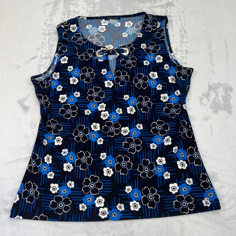 Tommy Hilfiger Floral Tank Top Womens L Blue Sleeveless Keyhole Hardware